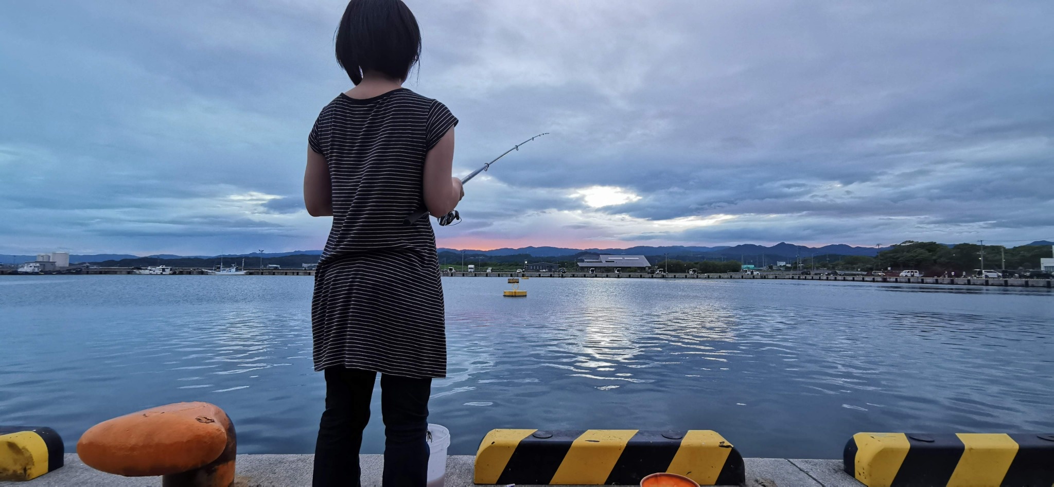 朝まずめの堤防でアジ釣りをする様子