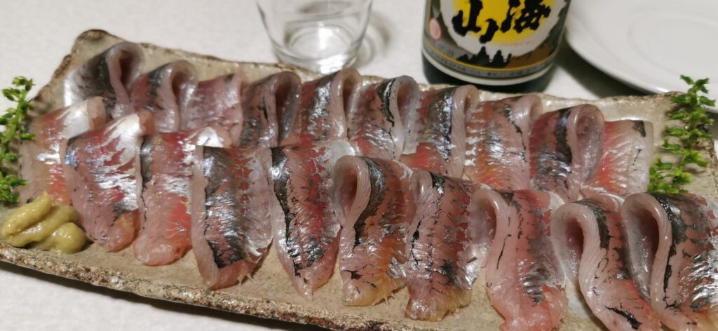 釣って持ち帰り下処理したアジの刺身