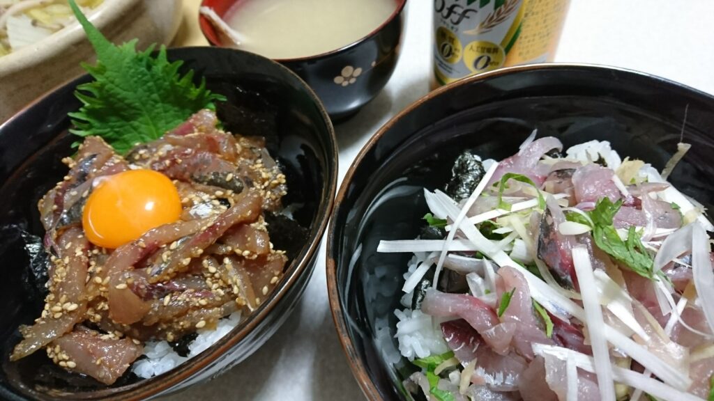 釣った鯵でつくった刺身丼